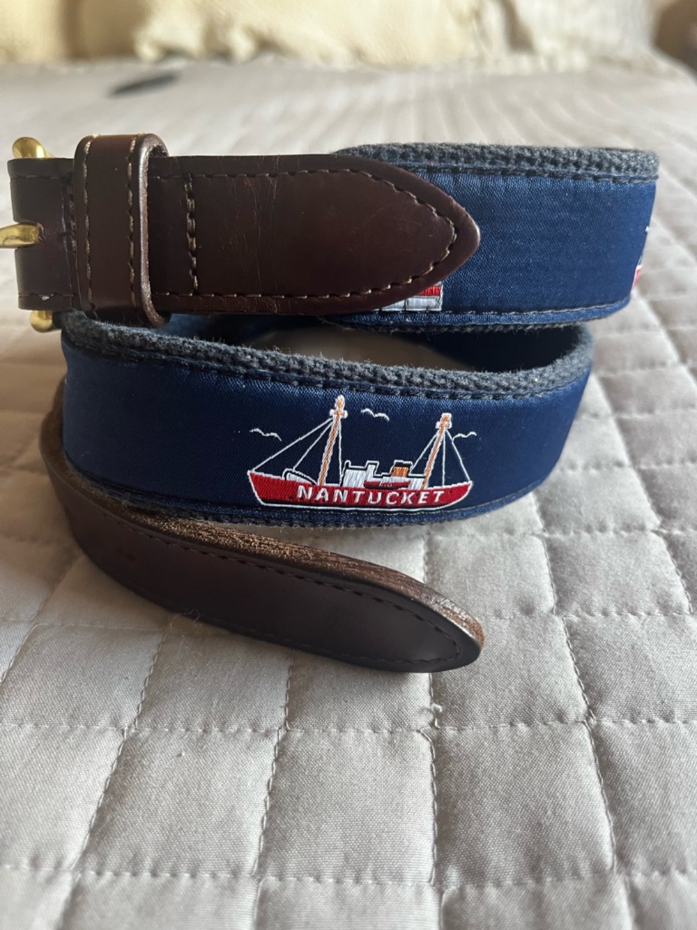 YRI Nautical 28" Nantucket on navy Web Ribbon Belt on Navy Canvas Brass Buckle